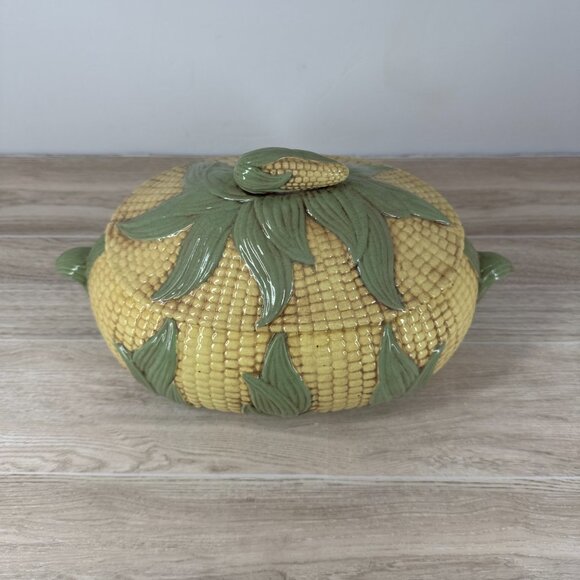 Vintage MKL Majolica Style Corn Soup Tureen Ceramic Lidded Vegetable Bowl - Picture 2 of 11